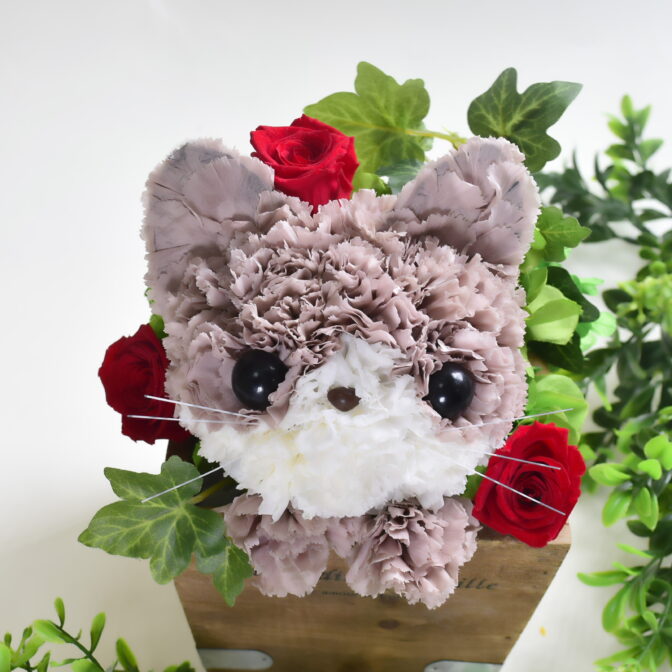 プリザーブドフラワーの猫 レッド