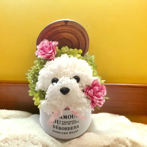 花の犬（白）／プリザーブドフラワー 犬 花 カーネーション プレゼント 誕生日