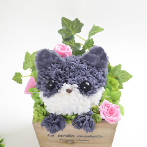 【猫・グレー】花っぷり フラワーペット／プリザーブドフラワー 猫 黒猫 花 カーネーション プレゼント 誕生日