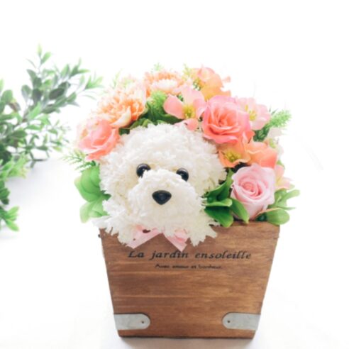 【花畑の犬・ピンク】プリザーブドフラワー 犬 プードル 花 カーネーション プレゼント 誕生日　母の日