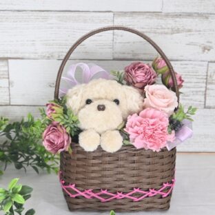 もこペット【白い犬　ピンク】 バスケット プリザーブドフラワー 犬 花 ペット お供え 誕生日 置物 かご