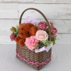 もこペット　茶犬　ピンクバスケット