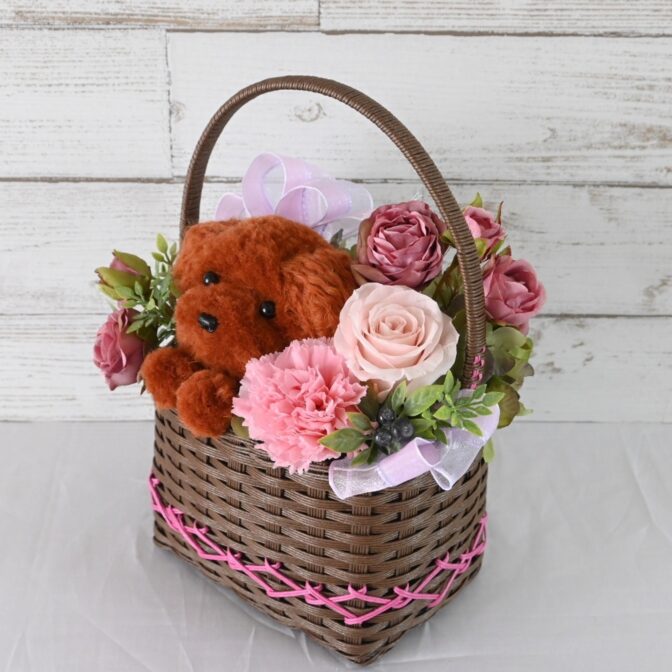 もこペット　茶犬　ピンクバスケット