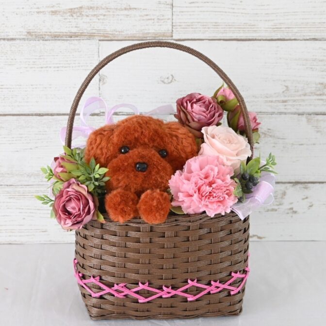 もこペット　茶犬　ピンクバスケット