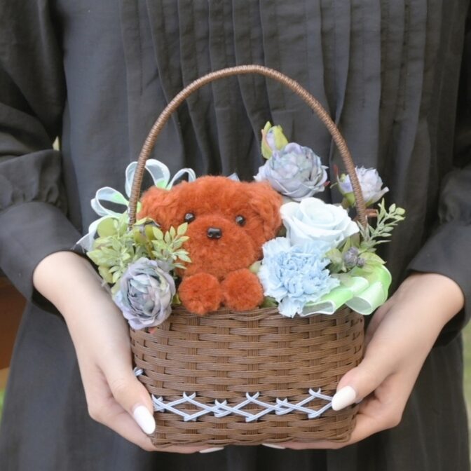 かごアレンジ　もこペット　ブルー