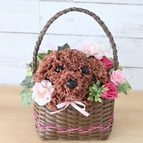 【犬種選べる】フラワーペット バスケット（ピンク）プリザーブドフラワー 犬  花 カーネーション プレゼント 誕生日